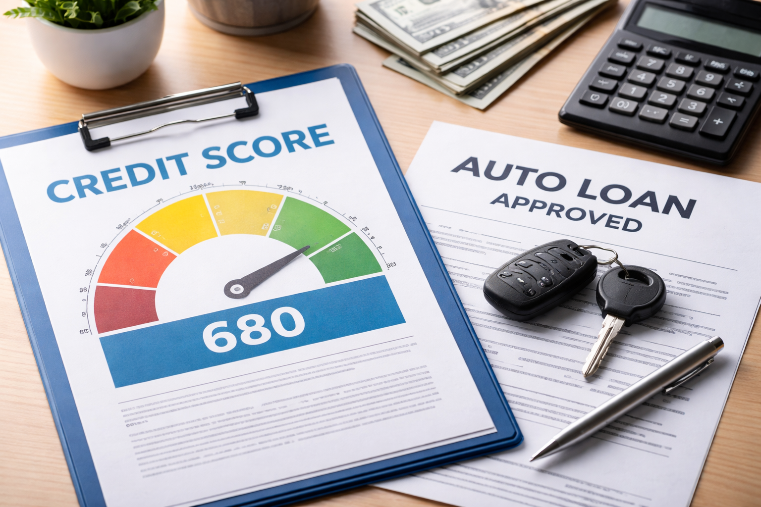 Credit score of 600 shown next to car loan paperwork