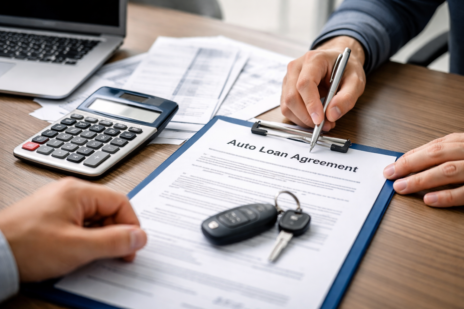 Person signing auto loan paperwork with a calculator and keys